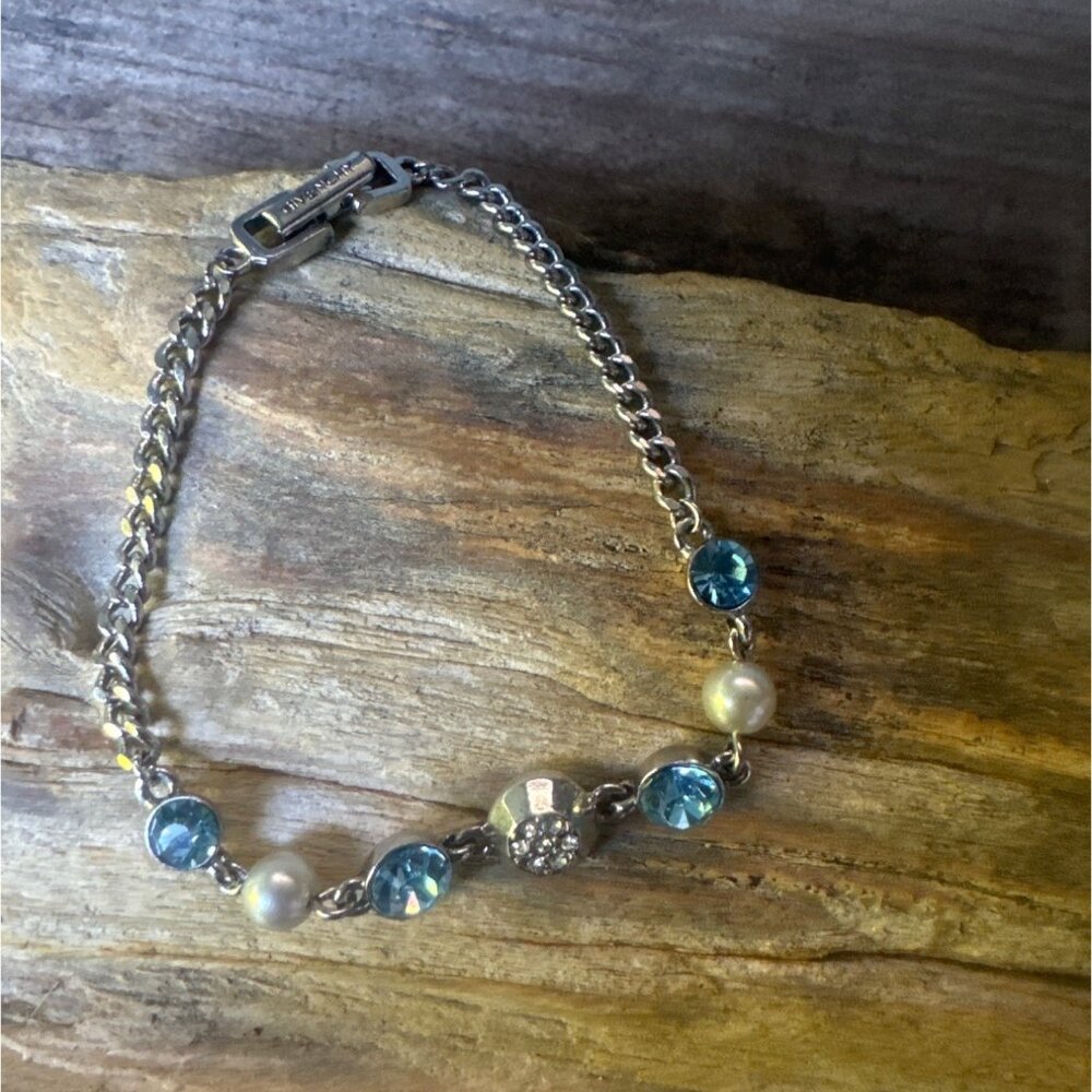 Givenchy Silver Tone Bracelet With Blue Crystals & Pearls
